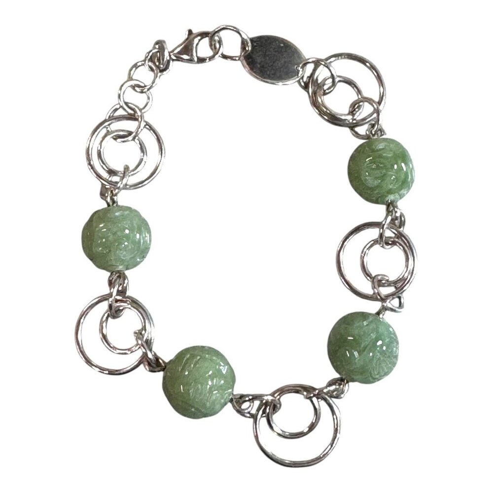 Vintage Sterling Silver Carved Jade Adventurine Beads 7" Bracelet Dainty Rings